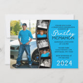 青と黒のユニークなフィルムストリップ6枚の写真 卒業 招待状 (正面)