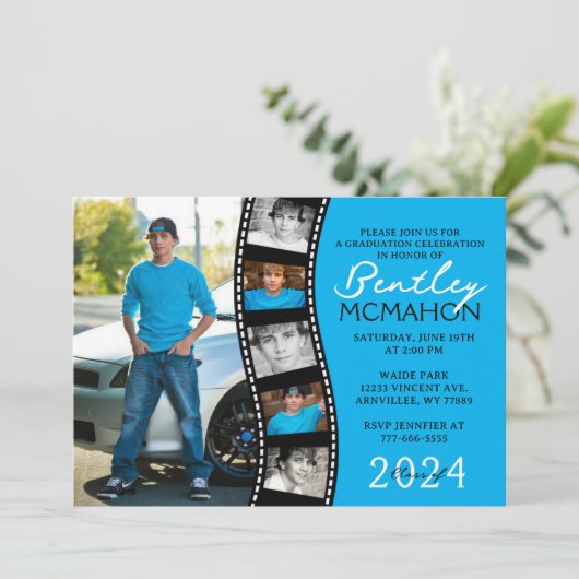 青と黒のユニークなフィルムストリップ6枚の写真 卒業 招待状 (スタンド正面)