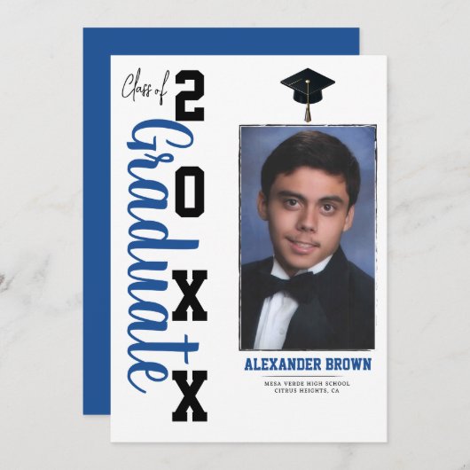 青と黒の卒業写真のお知らせ 招待状 (正面/裏面)