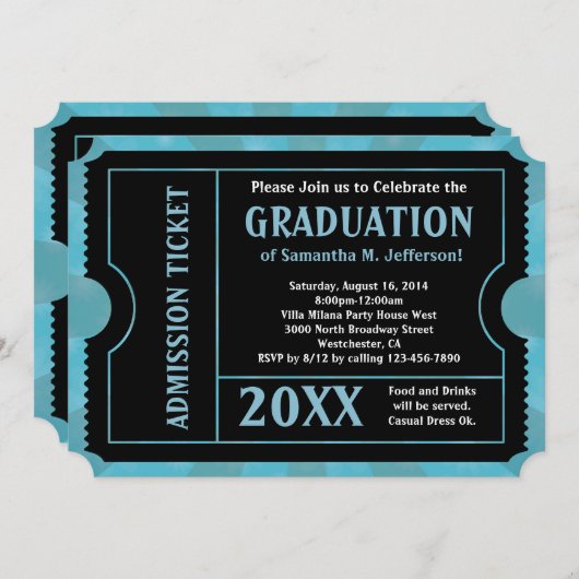 青と黒の卒業/パーティーチケット招待状 招待状 (正面/裏面)