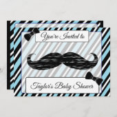 青と黒の口ひげストライプの赤ちゃんシャワー招待状 招待状 (正面/裏面)