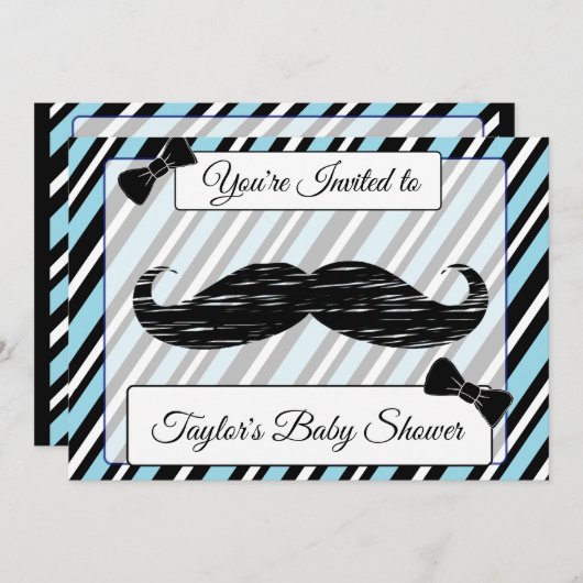 青と黒の口ひげストライプの赤ちゃんシャワー招待状 招待状 (正面/裏面)