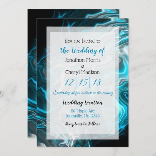 青と黒の大理石の流体アート結婚ズ 招待状 (正面/裏面)