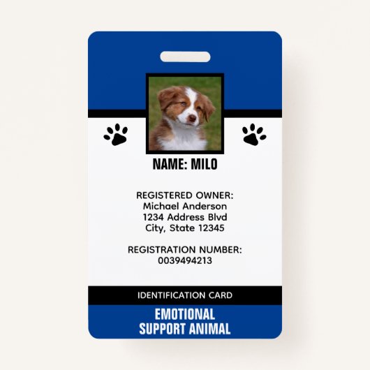 青と黒の感情的なサポートサービス動物ID バッジ (正面)