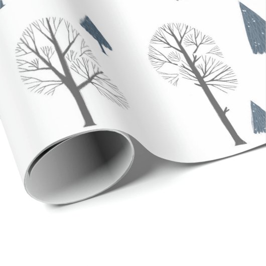 青と黒の木々のクリスマスパターン（が白い背景に） ラッピングペーパー (ロールコーナー)