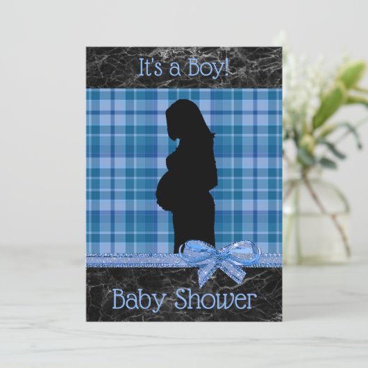 青と黒の格子模様の赤ちゃんシャワー招待状 招待状 (スタンド正面)