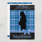 青と黒の格子模様の赤ちゃんシャワー招待状 招待状 (正面/裏面)