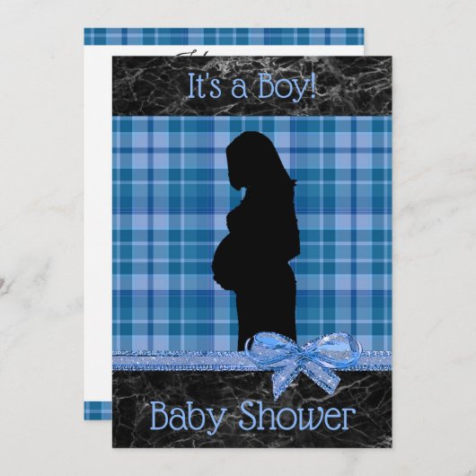 青と黒の格子模様の赤ちゃんシャワー招待状 招待状 (正面/裏面)