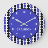青と黒の水玉模様(名前) ラージ壁時計 (正面)