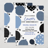 青と黒の水玉風船 1歳の誕生日パーティー 招待状 (正面/裏面)