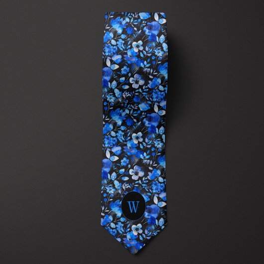青と黒の水色フローラモノグラム ネクタイ