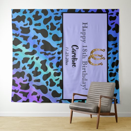 青と黒の牛の斑点、金の馬蹄の誕生日 タペストリー (インサイチュ(横))