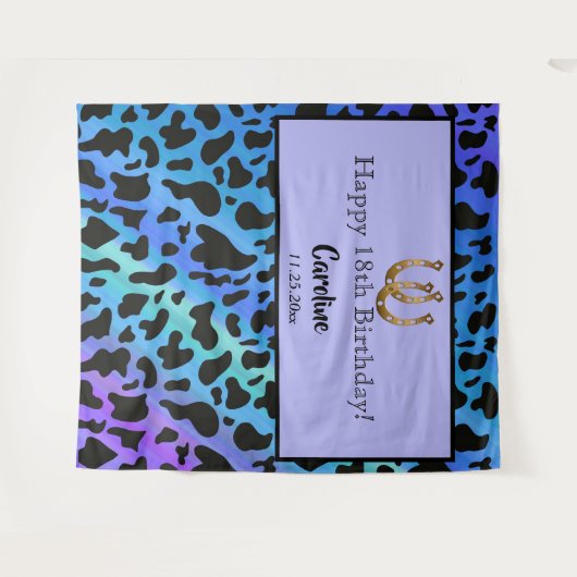 青と黒の牛の斑点、金の馬蹄の誕生日 タペストリー (正面(横))