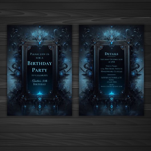 青と黒の神秘的なウィッチー・ゴシック誕生日 招待状