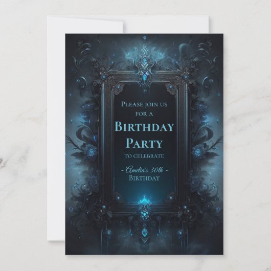 青と黒の神秘的なウィッチー・ゴシック誕生日 招待状 (正面)
