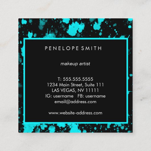 青と黒の絵を描（ばちゃばちゃ）跳ねる美しいメイクアップアーティスト スクエア名刺 (裏面)