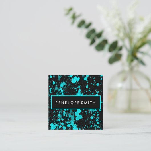 青と黒の絵を描（ばちゃばちゃ）跳ねる美しいメイクアップアーティスト スクエア名刺 (スタンド正面)