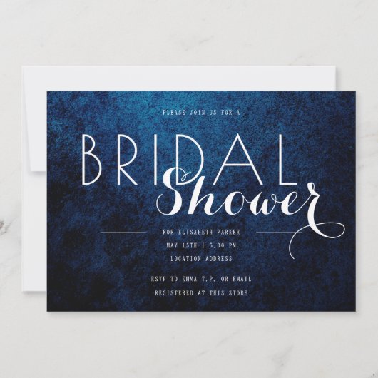 青と黒の背景ホワイト文字ブライダルシャワー 招待状 (正面)