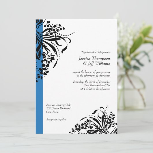 青と黒の華やかな結婚式招待状 招待状 (スタンド正面)