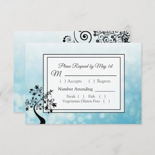 青と黒の装飾ツリーRSVPはがき 出欠カード (正面/裏面)