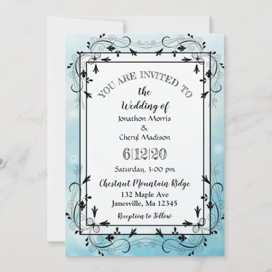 青と黒の装飾木の結婚式招待状 招待状 (正面)