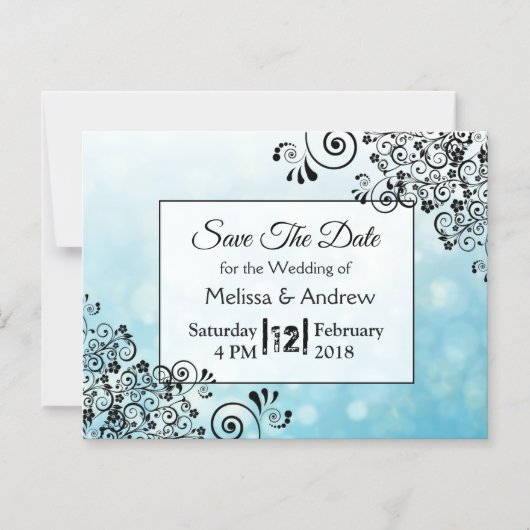 青と黒の装飾結婚式の日付を保存 マグネット招待状 (正面)