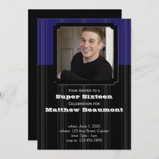 青と黒の誕生日パストライプーティーの招待 招待状 (正面/裏面)