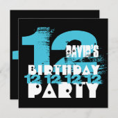 青と黒の11歳の誕生パーティー12歳V08 招待状 (正面/裏面)