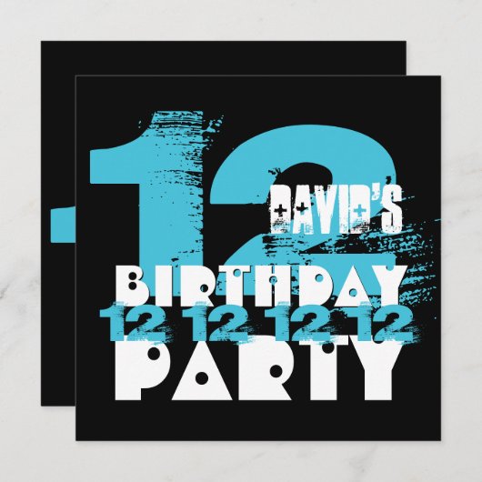 青と黒の11歳の誕生パーティー12歳V08 招待状 (正面/裏面)