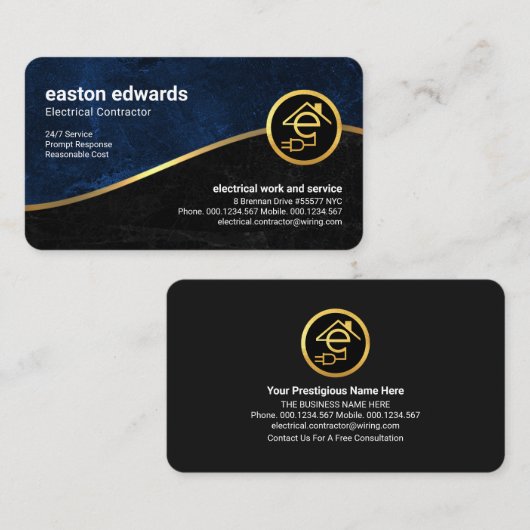 青と黒グランジのフェイク金ゴールド 名刺 (正面/裏面)