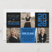 青と黒4枚の写真卒業のお知らせ 招待状 (正面)