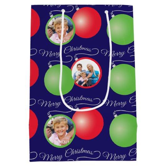青と6フォトフレームのクリスマスオーナメント ミディアムペーパーバッグ (裏面)