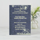 青によって用具を使われる革およびクリームのレースの結婚式 招待状 (スタンド正面)