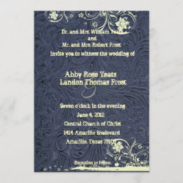 青によって用具を使われる革およびクリームのレースの結婚式 招待状