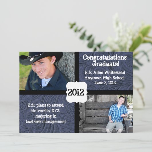 青によって用具を使われる革写真の卒業の発表 案内状 (スタンド正面)