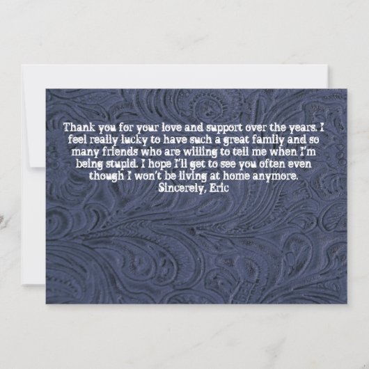 青によって用具を使われる革写真の卒業の発表 案内状 (裏面)