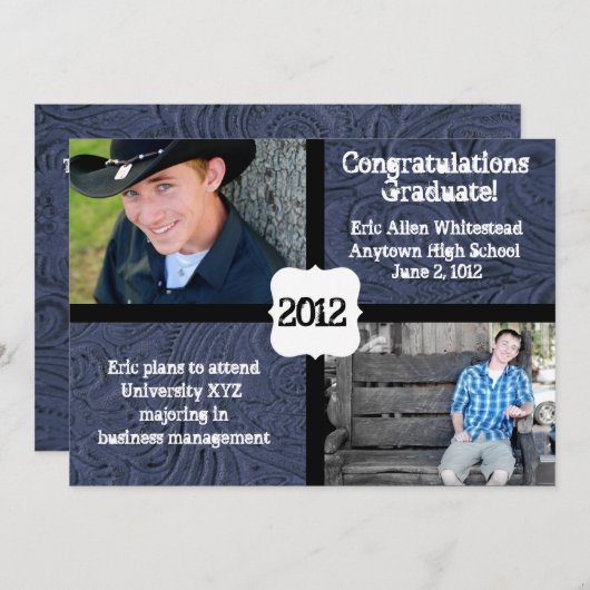 青によって用具を使われる革写真の卒業の発表 案内状 (正面/裏面)