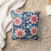 青にピンクの花の模様 クッション (ブランケット)