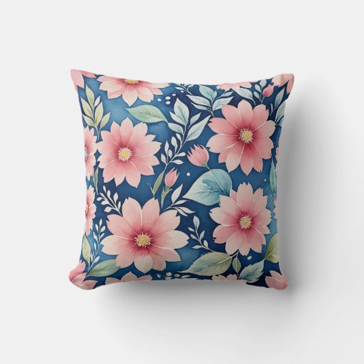 青にピンクの花の模様 クッション (正面)