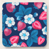 青にピンク色のイチゴ コースター (正面)