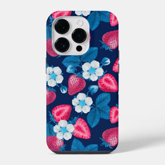 青にピンク色のイチゴ iPhoneケース (裏面)
