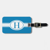青にモノグラムを施したホワイトバンドと楕円形のシールド ラゲッジタグ (正面横)