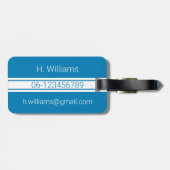 青にモノグラムを施したホワイトバンドと楕円形のシールド ラゲッジタグ (裏面横)