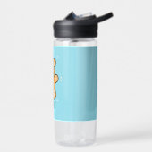 青に可愛い茶色のテディベアのモノグラム ウォーターボトル (左面)