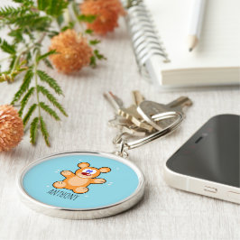 青に可愛い茶色のテディベアのモノグラム キーホルダー