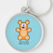 青に可愛い茶色のテディベアのモノグラム キーホルダー (正面)