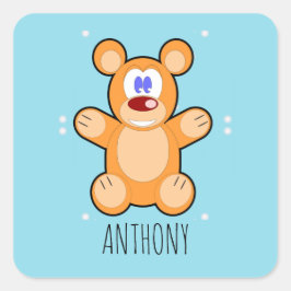 青に可愛い茶色のテディベアのモノグラム スクエアシール