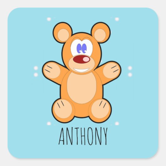 青に可愛い茶色のテディベアのモノグラム スクエアシール (正面)