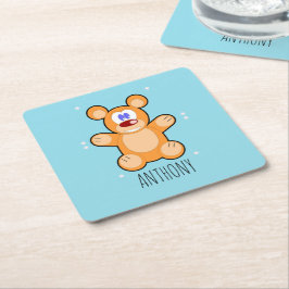 青に可愛い茶色のテディベアのモノグラム スクエアペーパーコースター