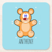青に可愛い茶色のテディベアのモノグラム スクエアペーパーコースター (正面)